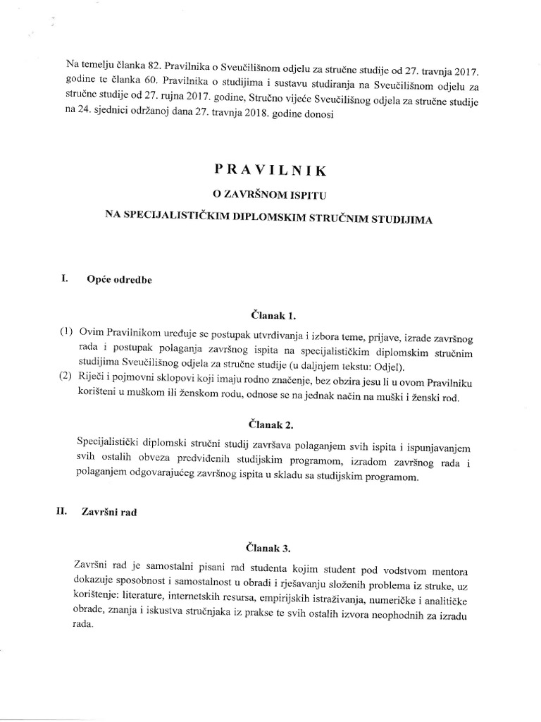 Pravilnik O Završnom Ispitu Na Specijalističkim Diplomskim Stručnim