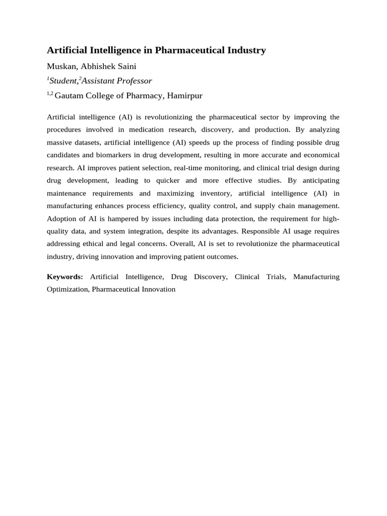 Artificial Intelligence in Pharmaceutical Industry | PDF