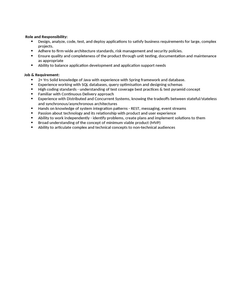 Job Description - Java Developer | PDF