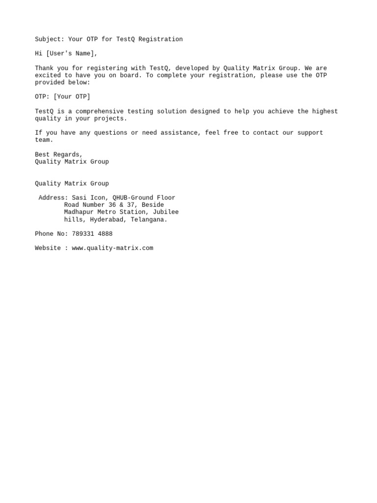TestQ OTP Email Template PDF