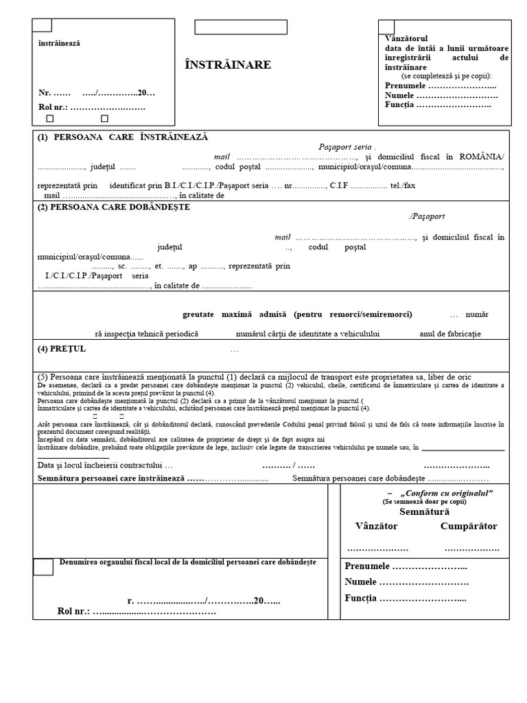 Contract de Instrainare-Dobandire A Unui Mijloc de Transport-Auto | PDF