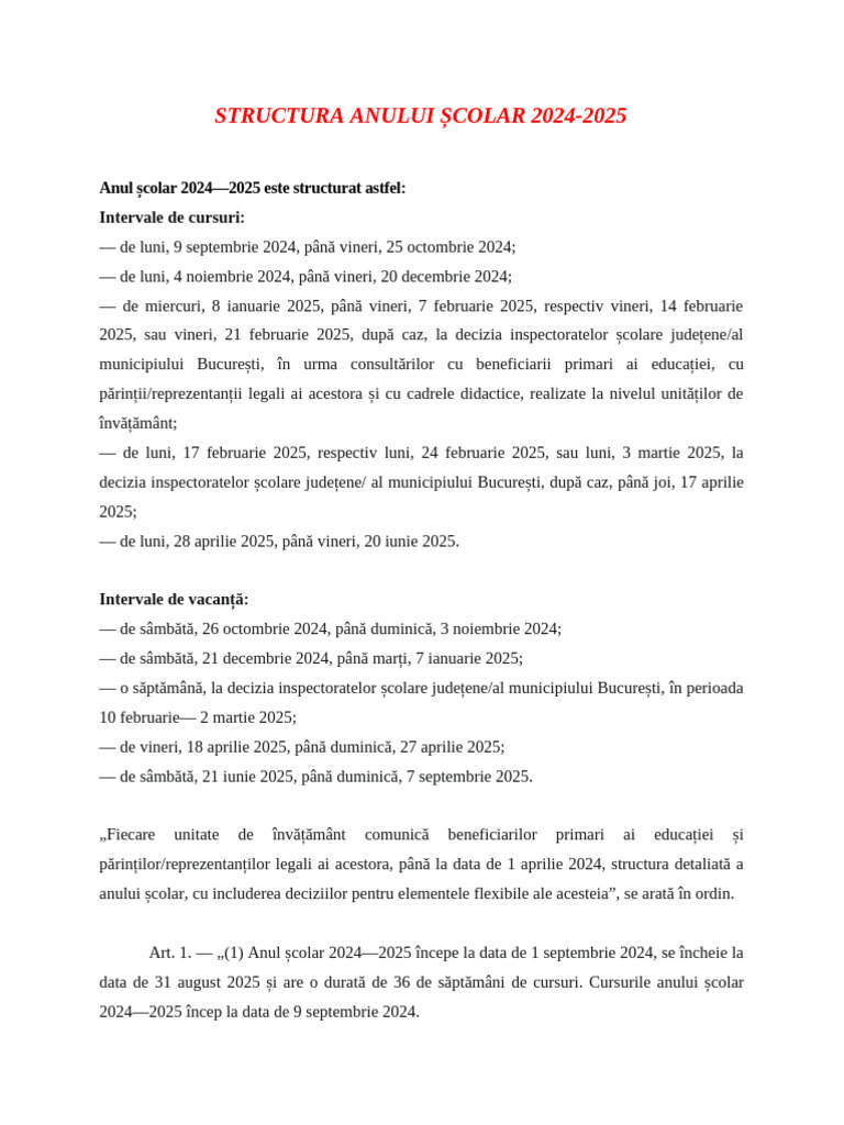 Structura Anului Scolar 2024-2025 | PDF
