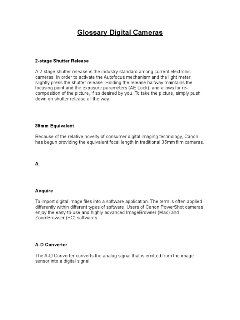 Glossary Digital Cameras PDF Camera Digital Camera