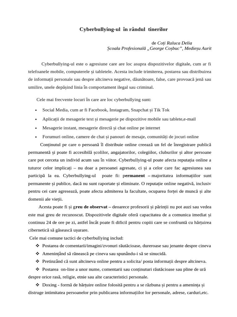 Cyberbullying in Randul Tinerilor | PDF