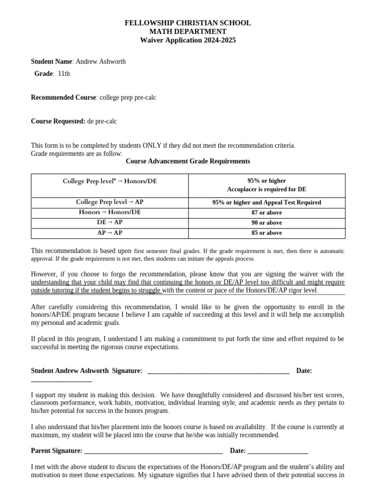 2024 2025 waiver form for honors and de and ap math courses pdf
