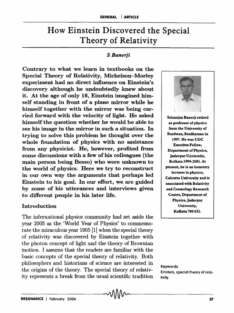 How Einstien Discovered The Special Theory of Relativity | PDF