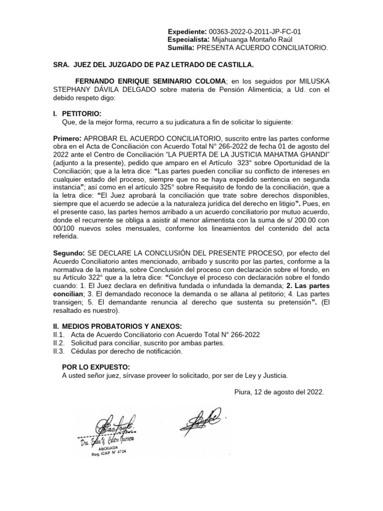 Presenta Acuerdo Conciliatorio | PDF | Justicia | Crimen y violencia