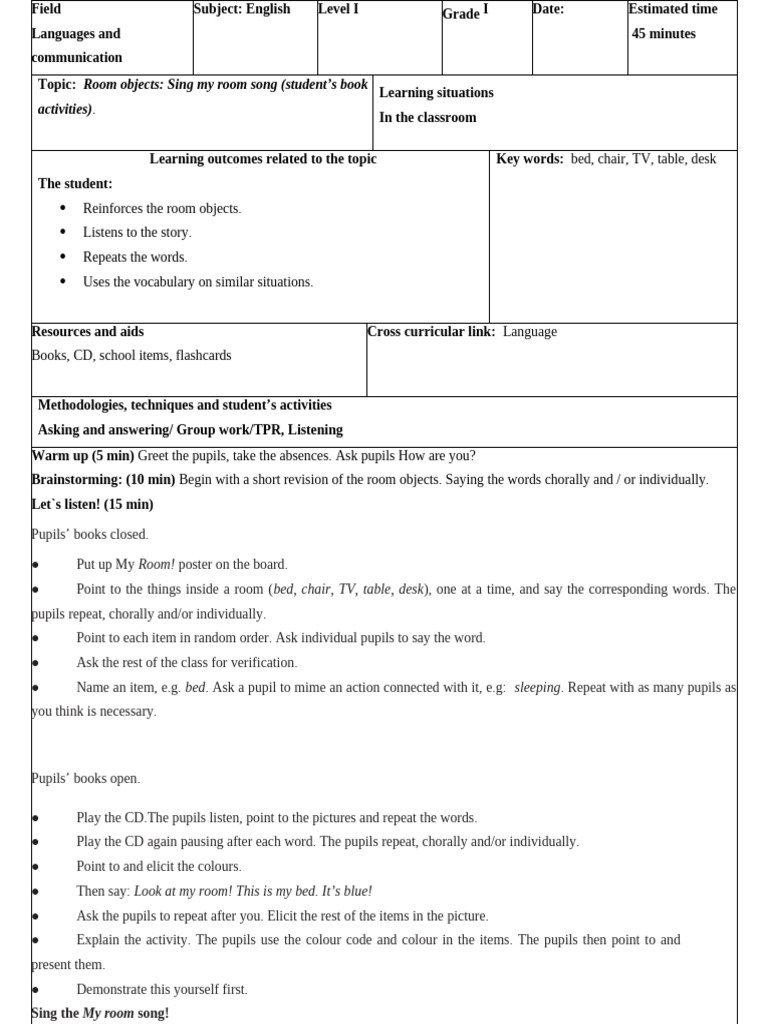 Room Objects Sing The My Room Song (Student's Book Activities) | PDF