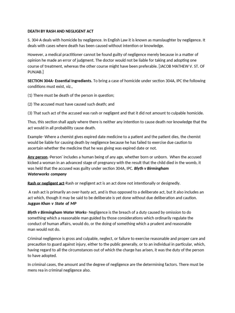 Death by Rash and Negligent Act - Section 304a | PDF