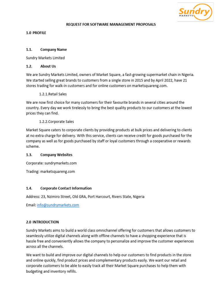 Request For Software Management Proposals 1.0 Profile | PDF