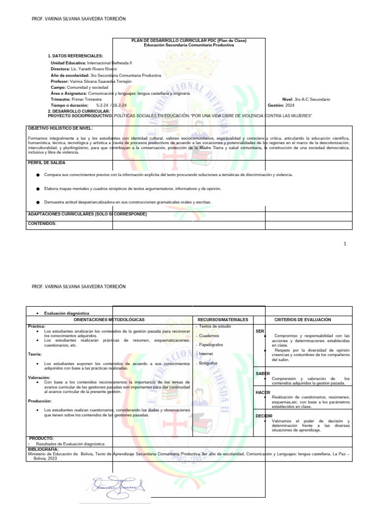 Prof - Varinia Saavedra Plan de Desarrollo Curricular PDC | PDF