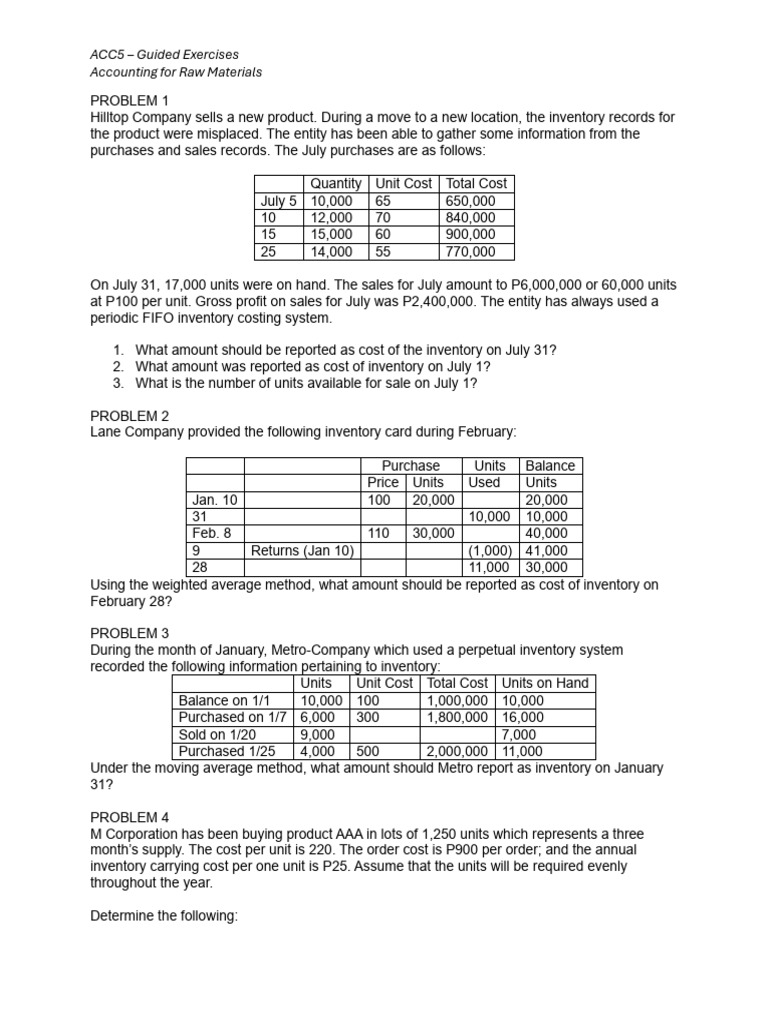 Accounting for Raw Materials Exercises | PDF | Inventory | Logistics