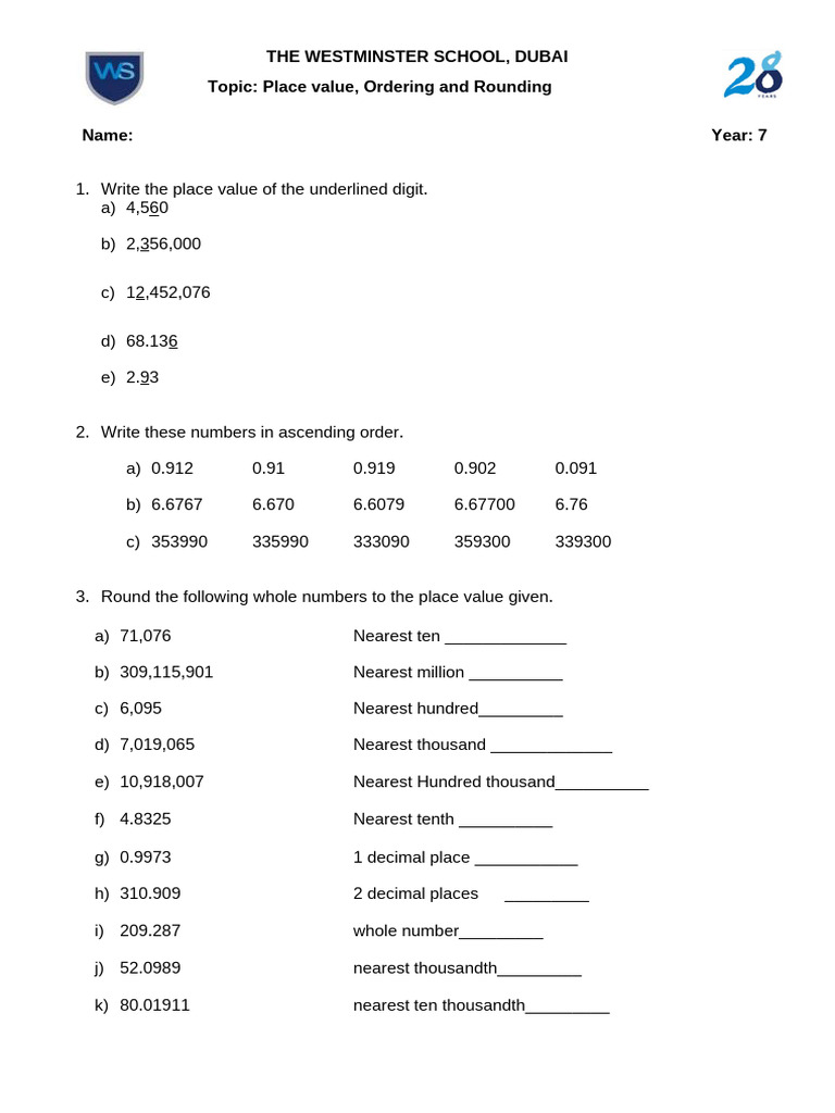 Year 7_Place Value and Rounding | PDF
