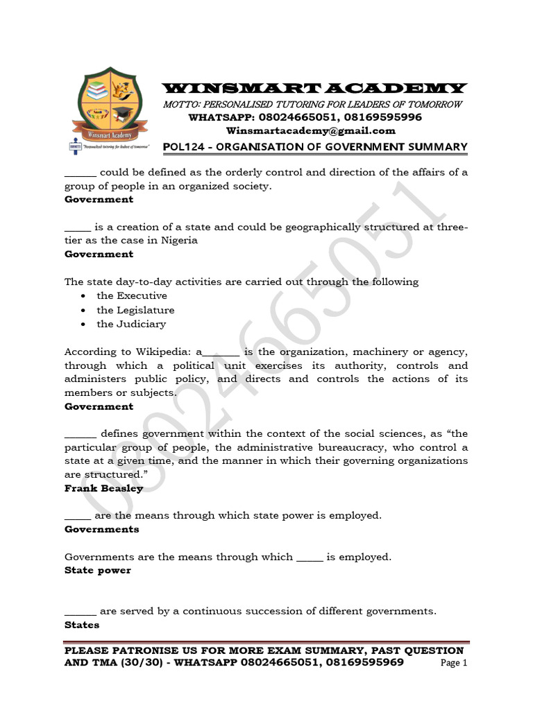 Pos103 Organisation of Government | PDF