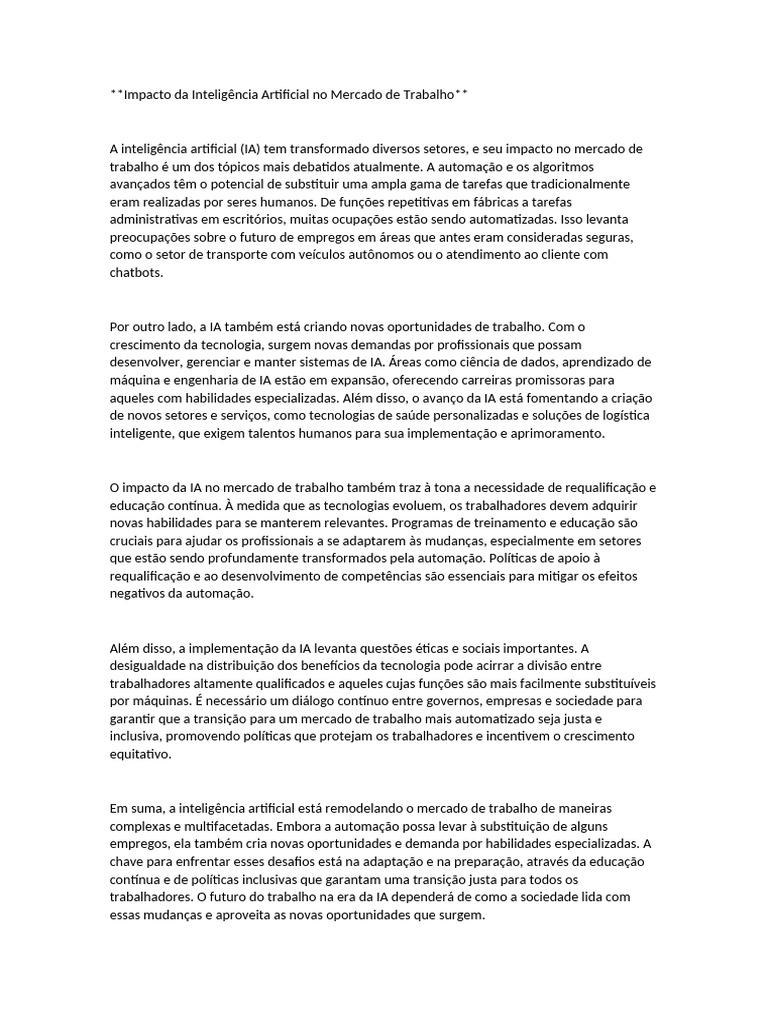 Impacto Da Inteligência Artificial No Mercado de Trabalho | PDF