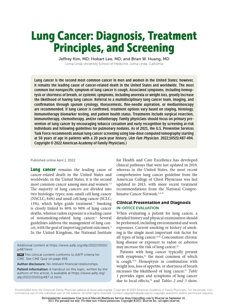 Lung Cancer Diagnosis, Treatment Principles, and Screening 05-2022 | PDF