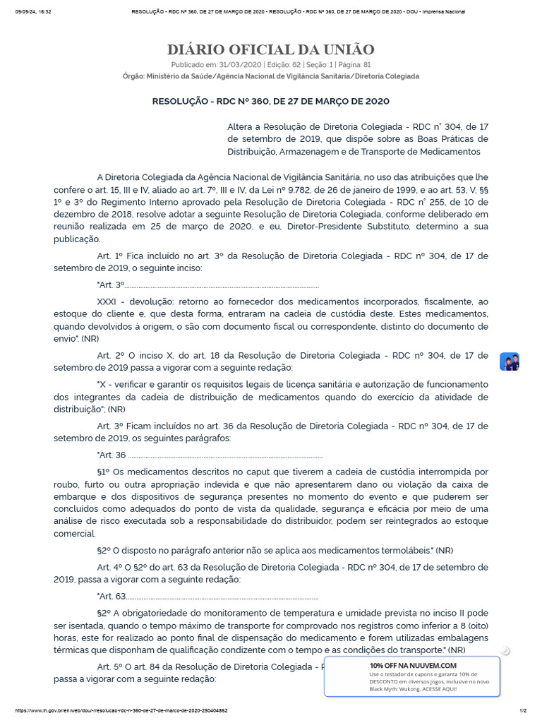 RESOLUÇÃO - RDC #360, DE 27 DE MARÇO DE 2020 - RESOLUÇÃO - RDC #360, DE