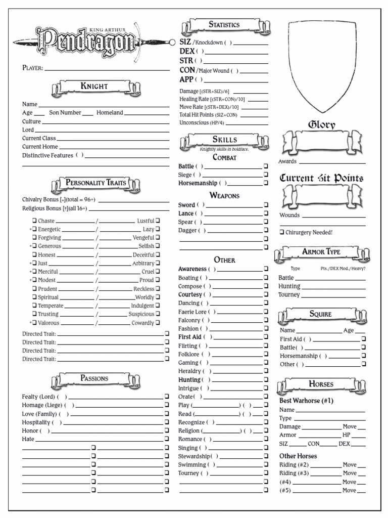 Pendragon Character Sheet Early BW BLANK v.2 | PDF
