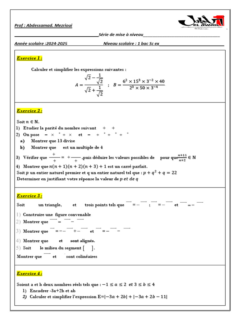 Série de Remise A Niveau Bac 1 PDF — free download