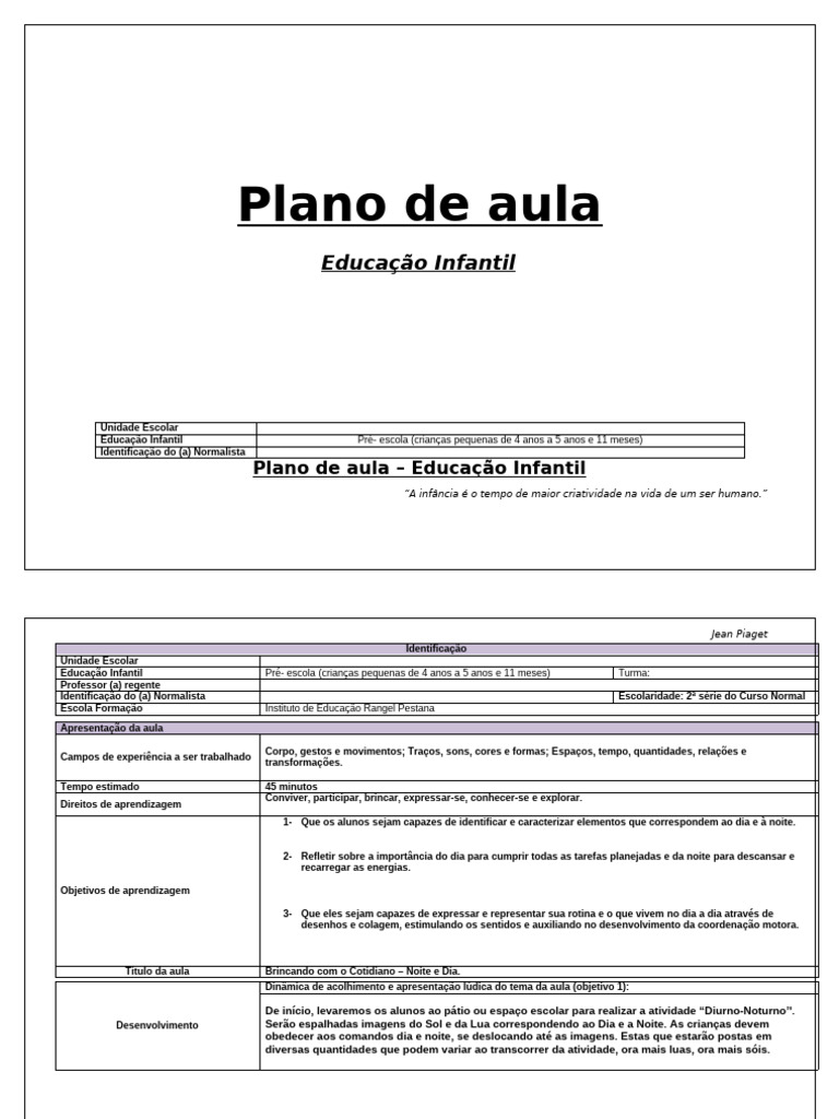 Plano de Aula Pre Escola | PDF