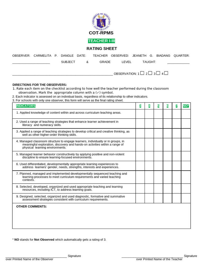 (Appendix C-02) COT-RPMS Rating Sheet For T I-III For SY 2022-2023 ...