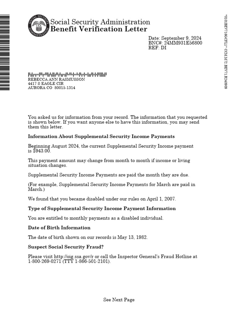 Disability Benefits Verification Letter