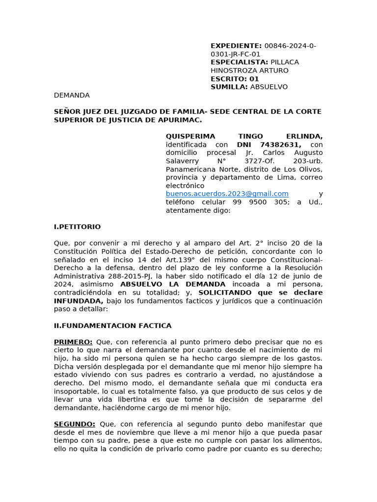 Escrito - Contestacion Demanda de Tenencia | PDF | Demanda judicial ...