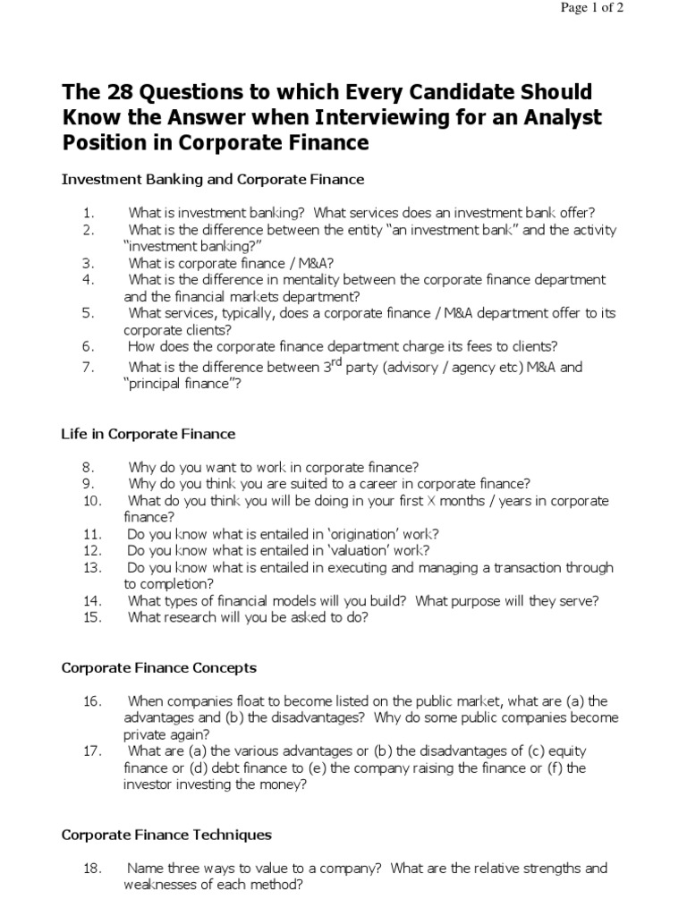 Corporate Finance Questions in An Interview | PDF | Investment Banking ...