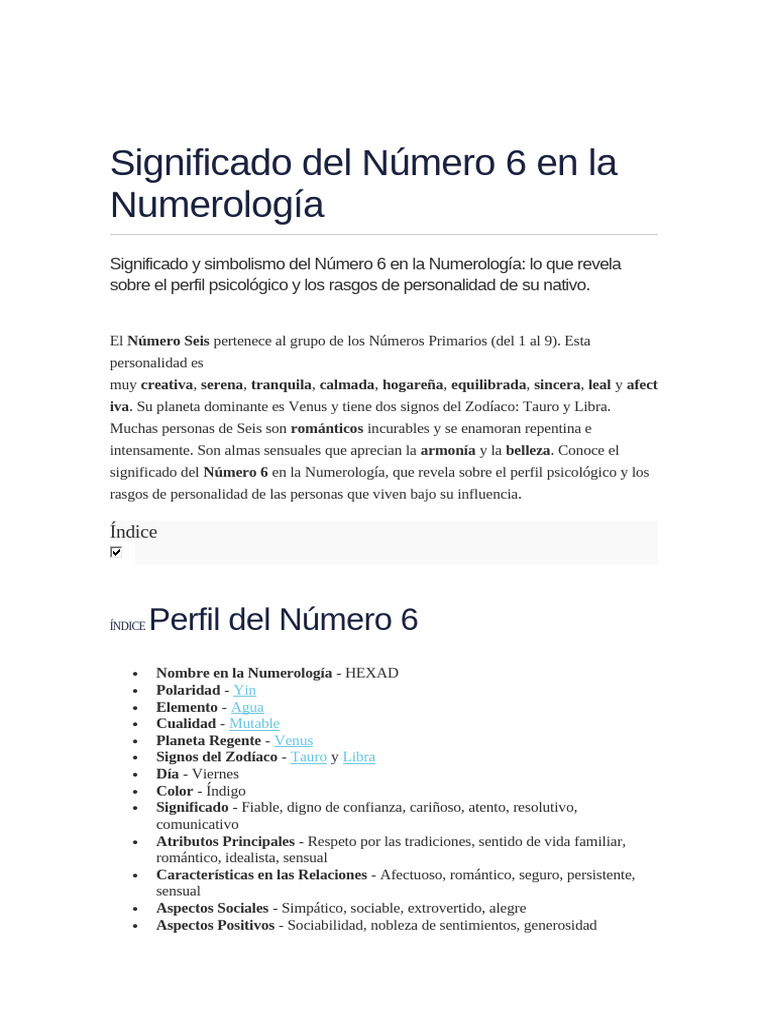 Significado Del N mero 6 En La Numerolog a PDF