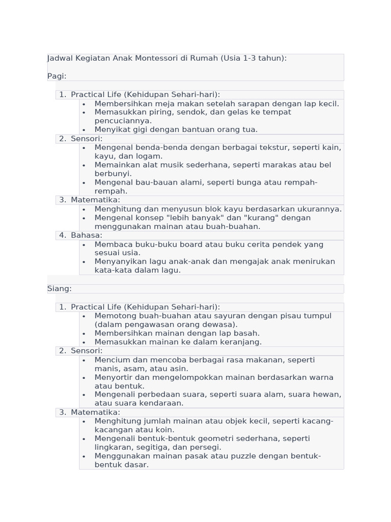 Jadwal Kegiatan Anak Montessori di Rumah | PDF