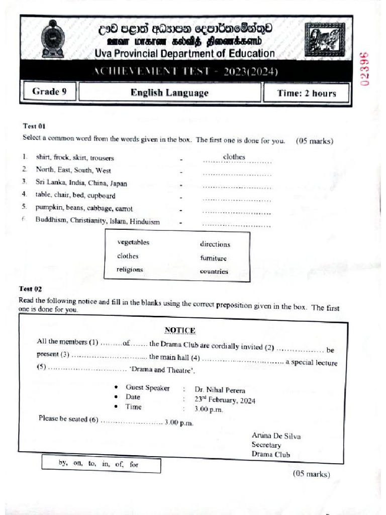 English Grade 9 10 Third Term Test 2023 Uva Province Pdf
