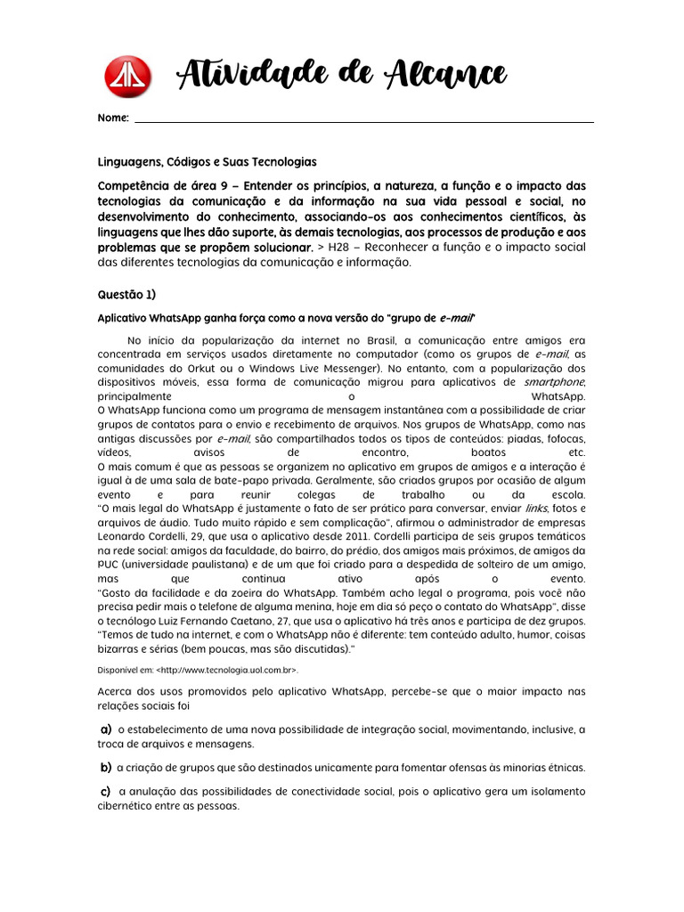 Atividade de Alcance 3ano | PDF