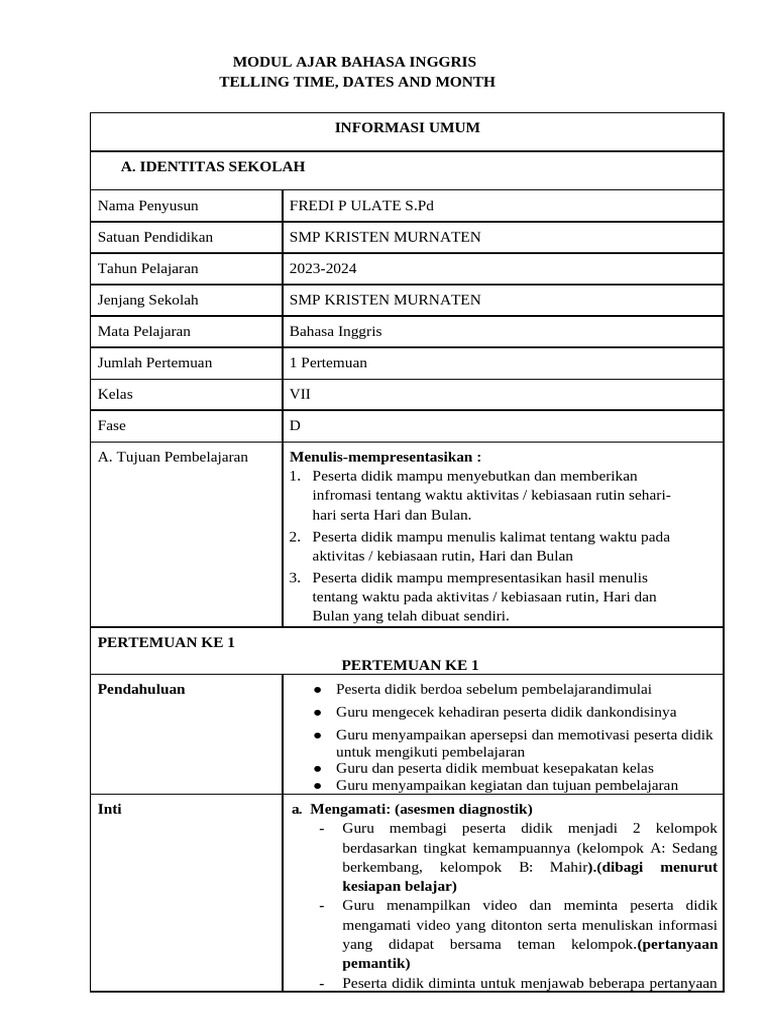 Modul Ajar Telling Time Kelas 7 | PDF | Karier & Perkembangan
