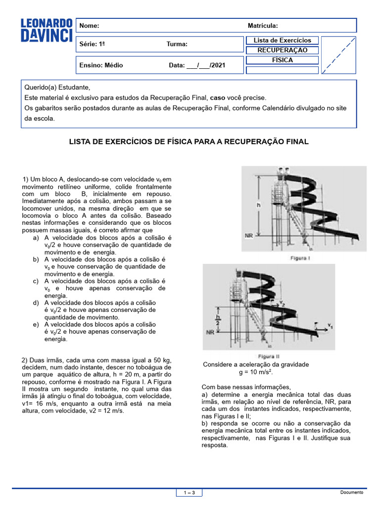 Lista de Exercícios de Física para A Recuperação Final | PDF