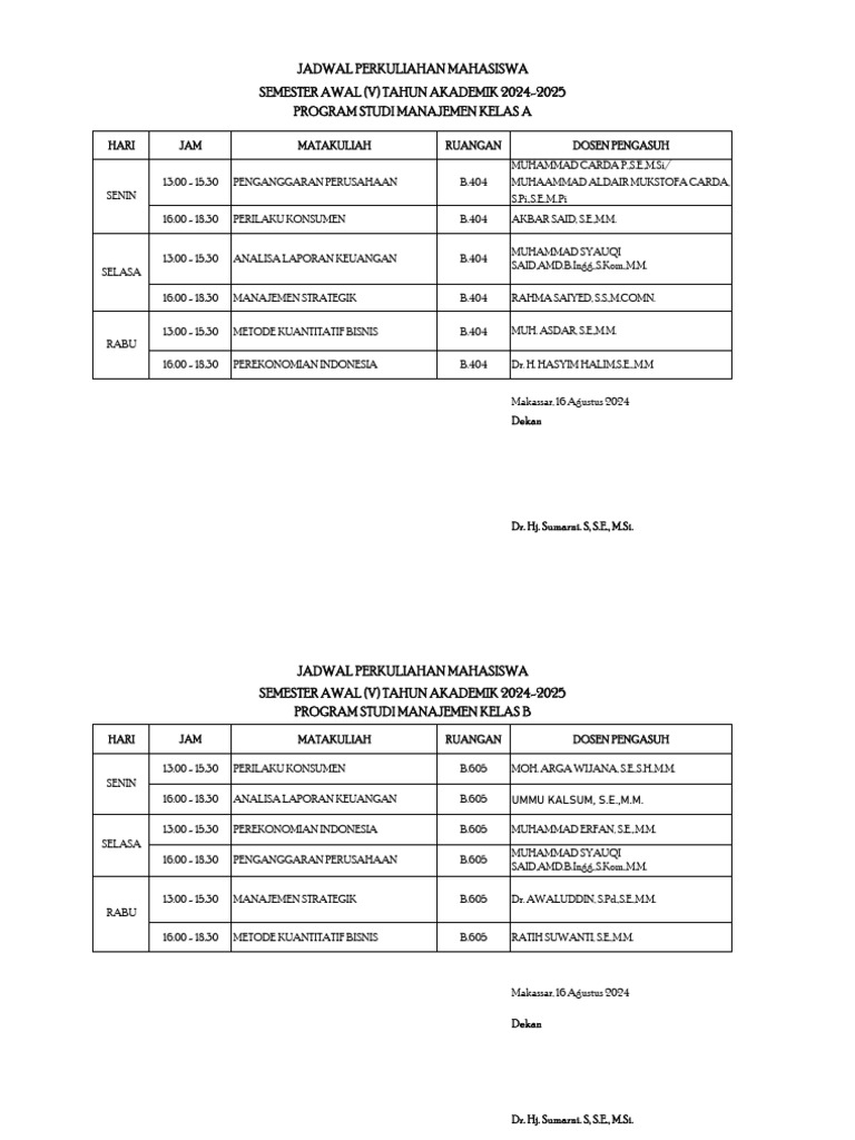 Jadwal Kuliah Ganjil Manajemen Semester Lima V Revisi Pdf