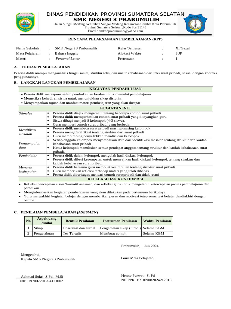 RPP Personal Letter Sms 1 | PDF