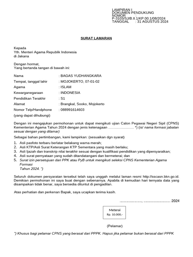 Contoh Surat Lamaran Dan Surat Pernyataan Cpns Kemenag 2024 | PDF