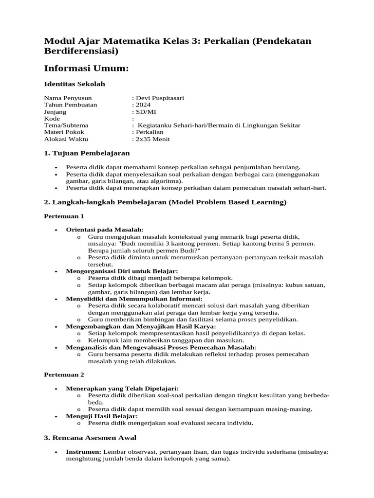 Modul Ajar Matematika Kelas 3 | PDF