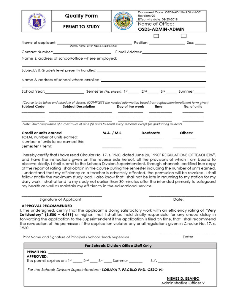 Permit To Study Form | PDF