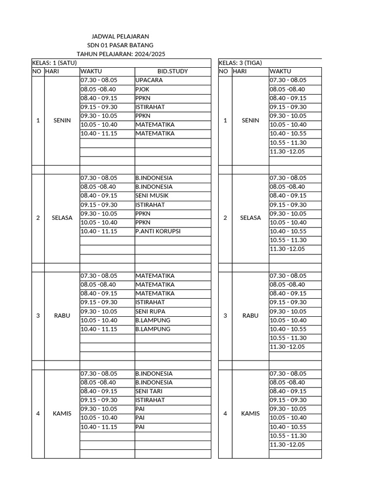 Jadwal pelajaran 2024 2025 pdf