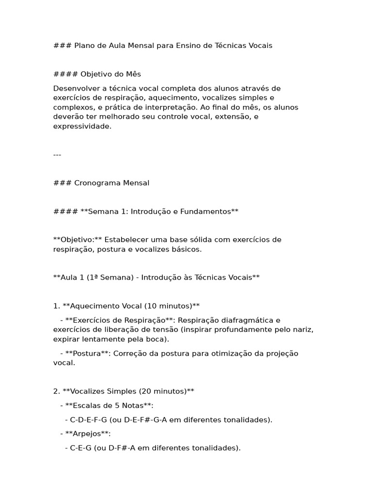 Plano De Aula Mensal Para Ensino De Técnicas Vocais Pdf