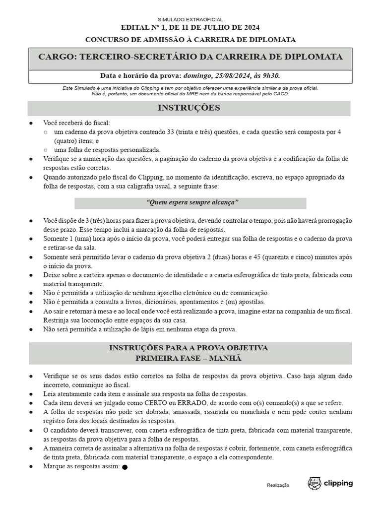 Instruções Prova CACD 2024 | PDF