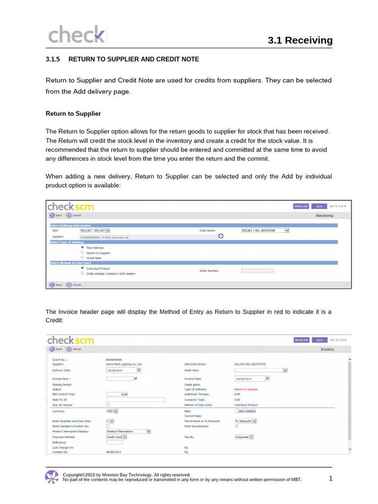 3.1.5 Return To Supplier and Credit Note | PDF