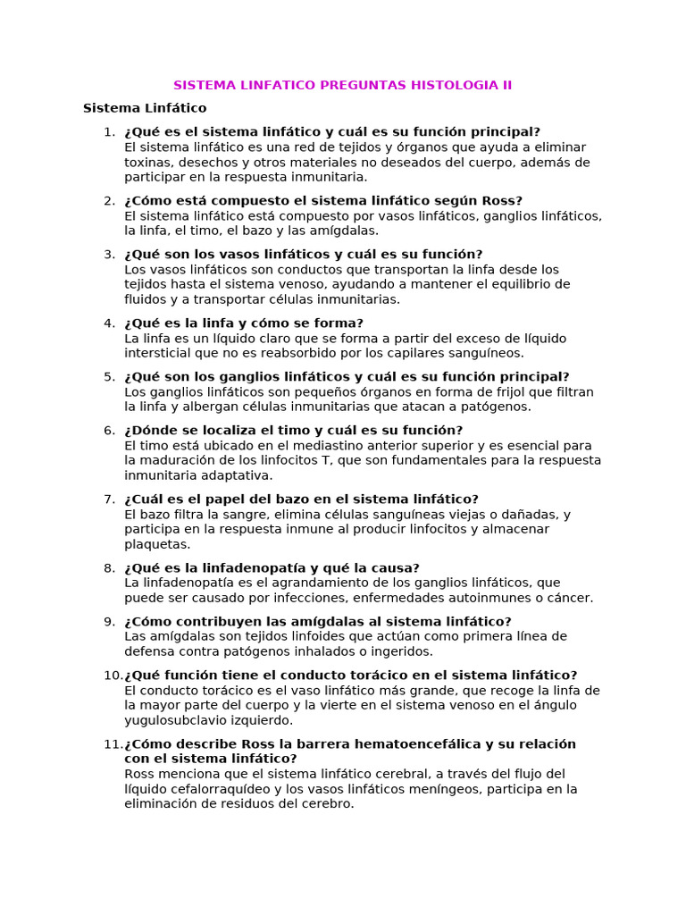 Sistema Linfatico Preguntas Histologia Ii Pdf
