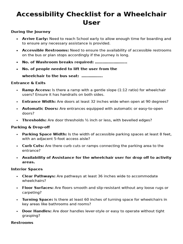 Accessibility Checklist For A Wheelchair User | PDF