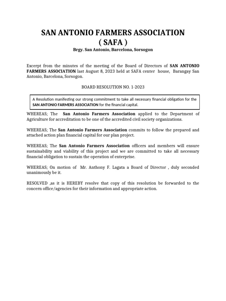 Board Resolution SAFA | PDF