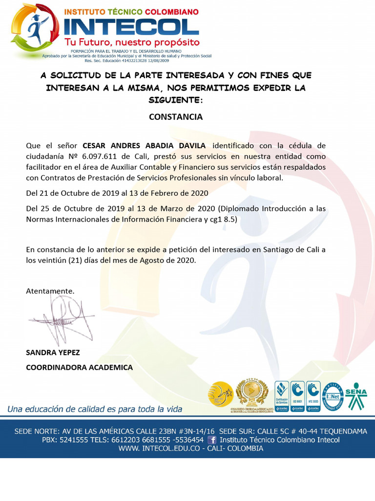 Certificado Intecol | PDF