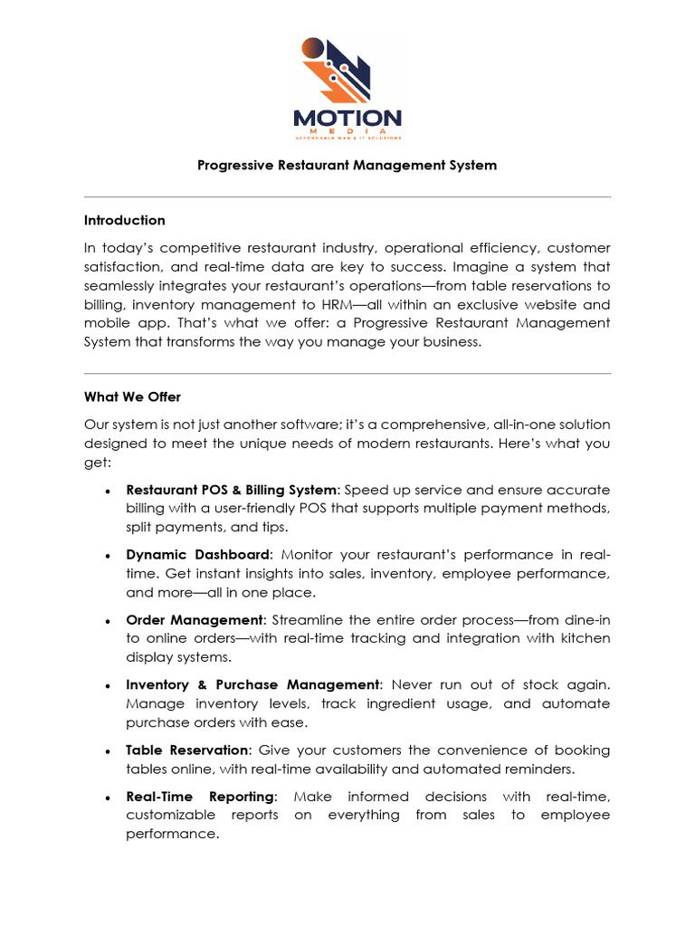 Progressive Restaurant Management System | PDF | Point Of Sale | Business