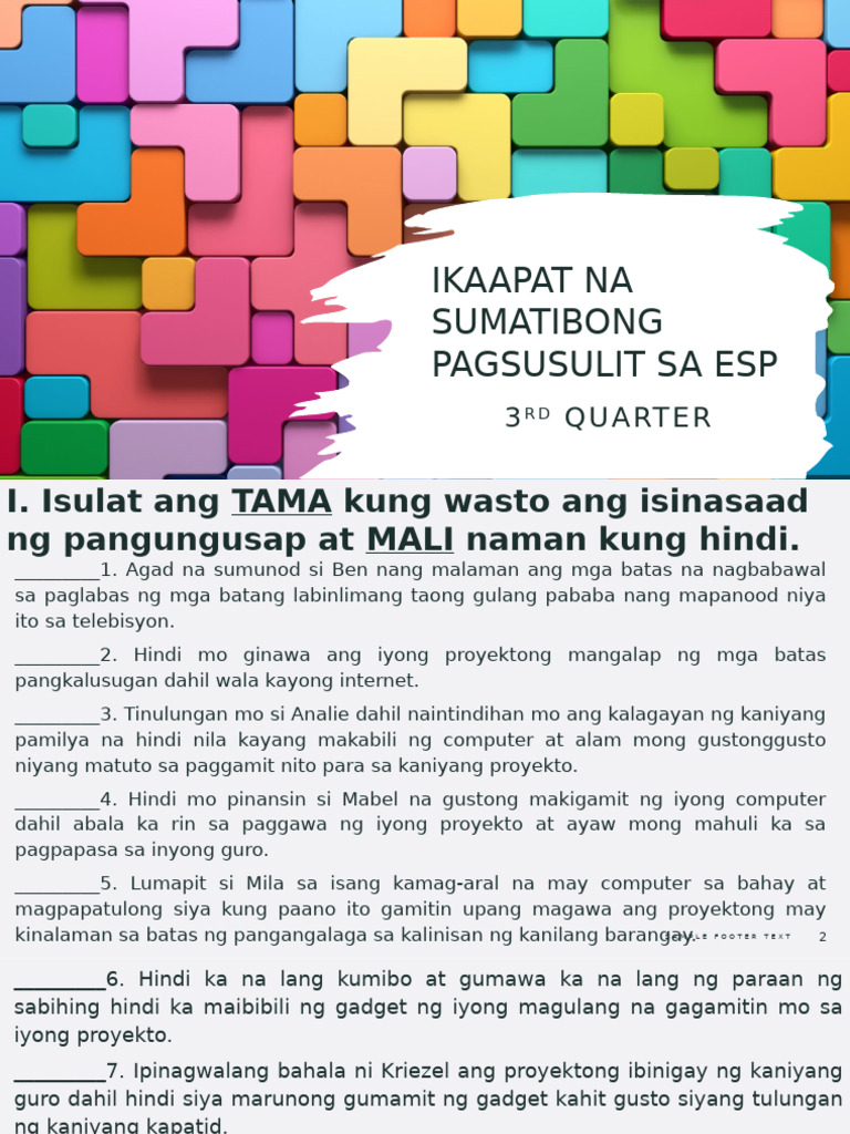Q3 Ikaapat Na Sumatibong Pagsusulit Sa Esp | PDF