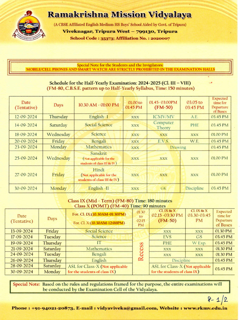 Half Yearly Examination Routine - 2024-25 | PDF